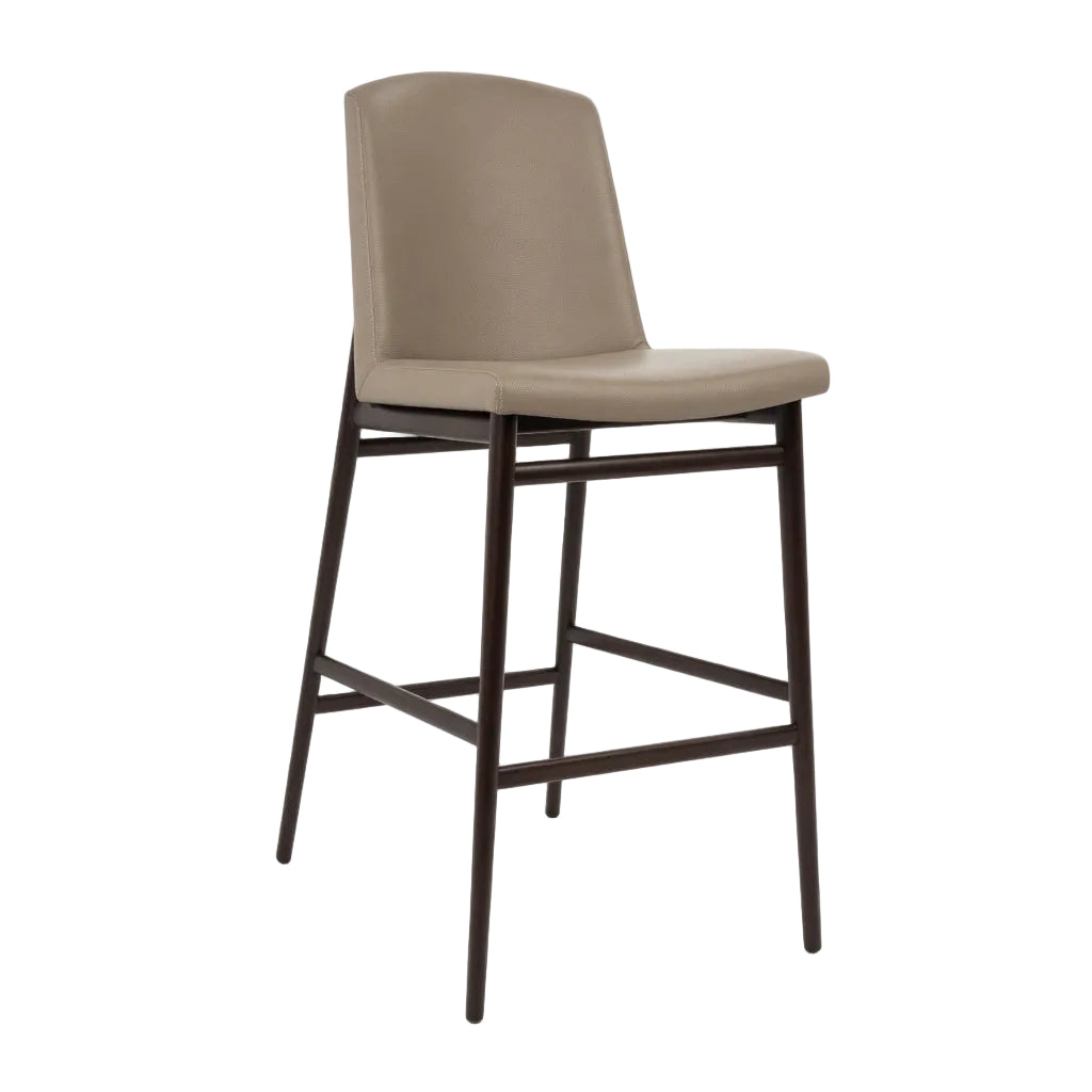Bar stool with taupe upholstered seat and back, dark wood four-leg frame, footrest bar