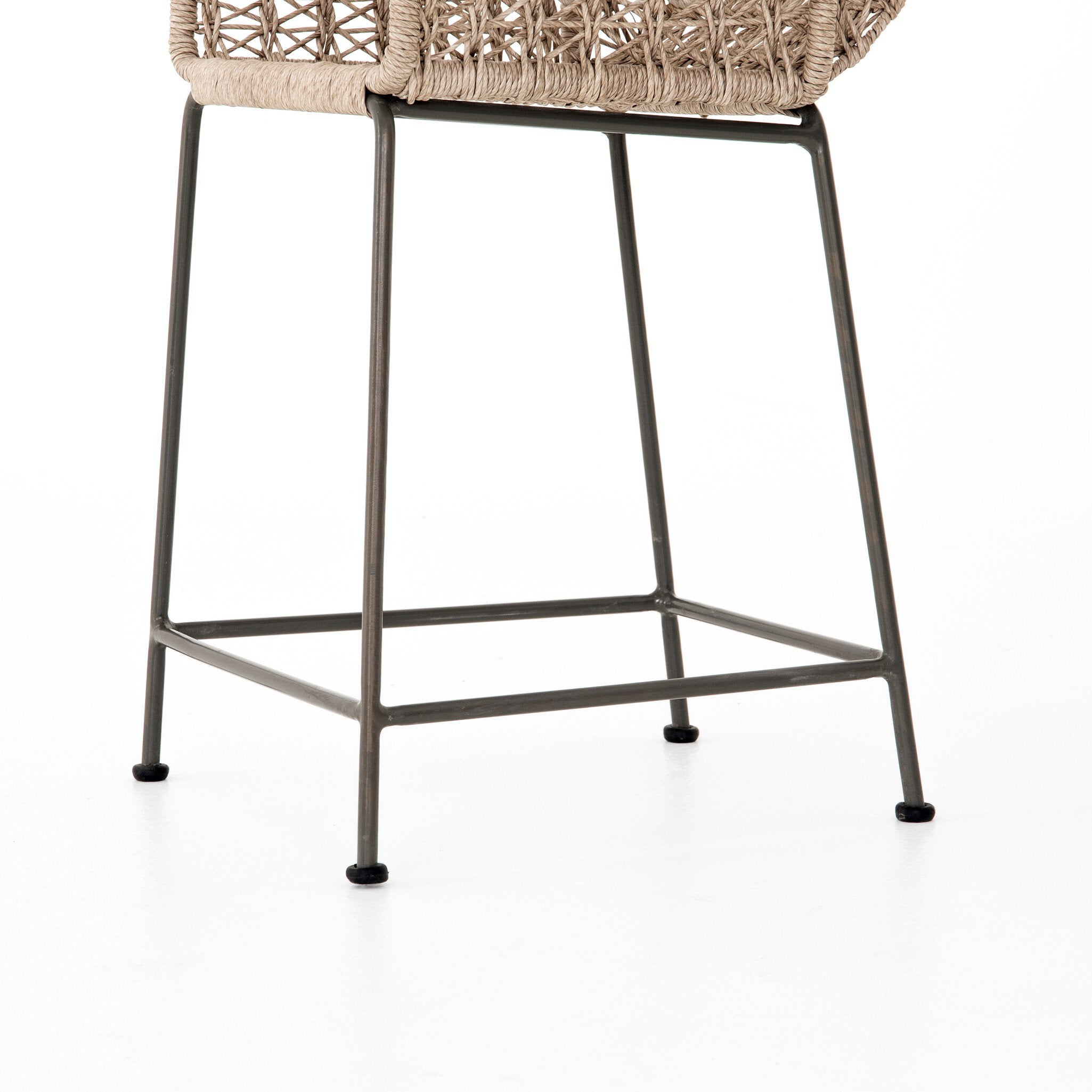 Metal Leg Detail Modern low-armed outdoor bar stool with white wicker weaving and a bronze industrial frame for hospitality dining