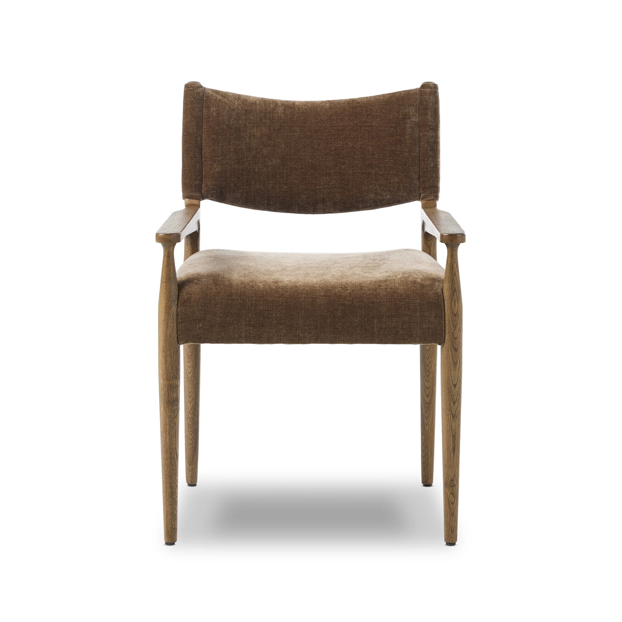 Front view of the Brown Fabric Mid Century Modern Wooden Oak Armed Dining Armchair Chair 