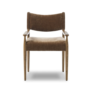 Front view of the Brown Fabric Mid Century Modern Wooden Oak Armed Dining Armchair Chair 