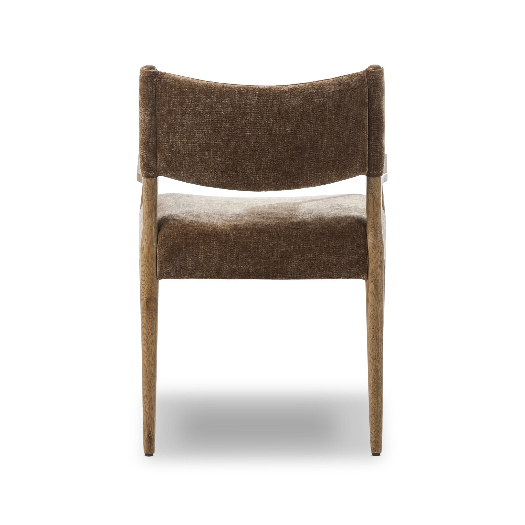 Back view of the Brown Fabric Mid Century Modern Wooden Oak Armchair Dining Chair