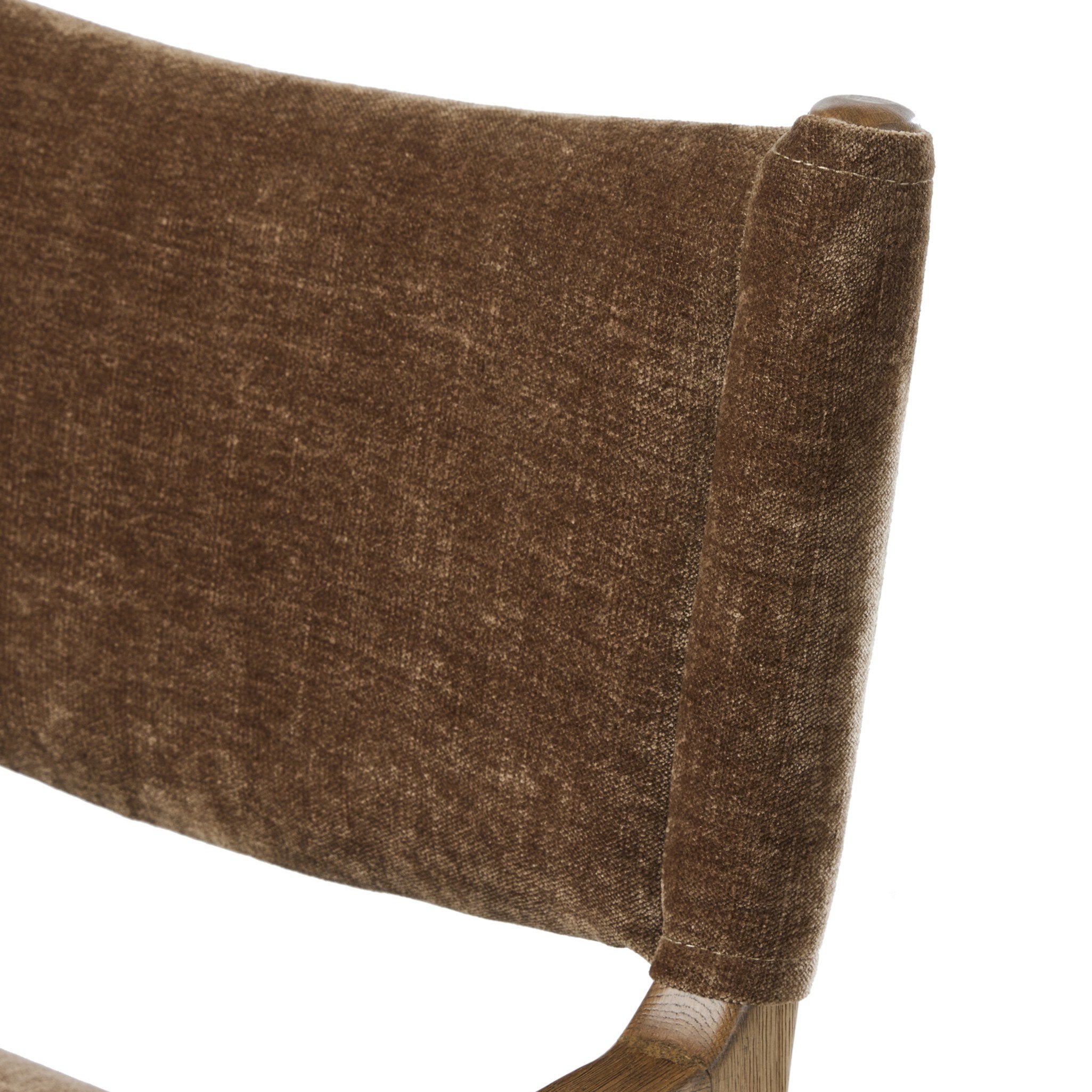 Detailed close image upholstered view of the Brown Fabric Mid Century Modern Wooden Oak Armchair Dining Chair on white background