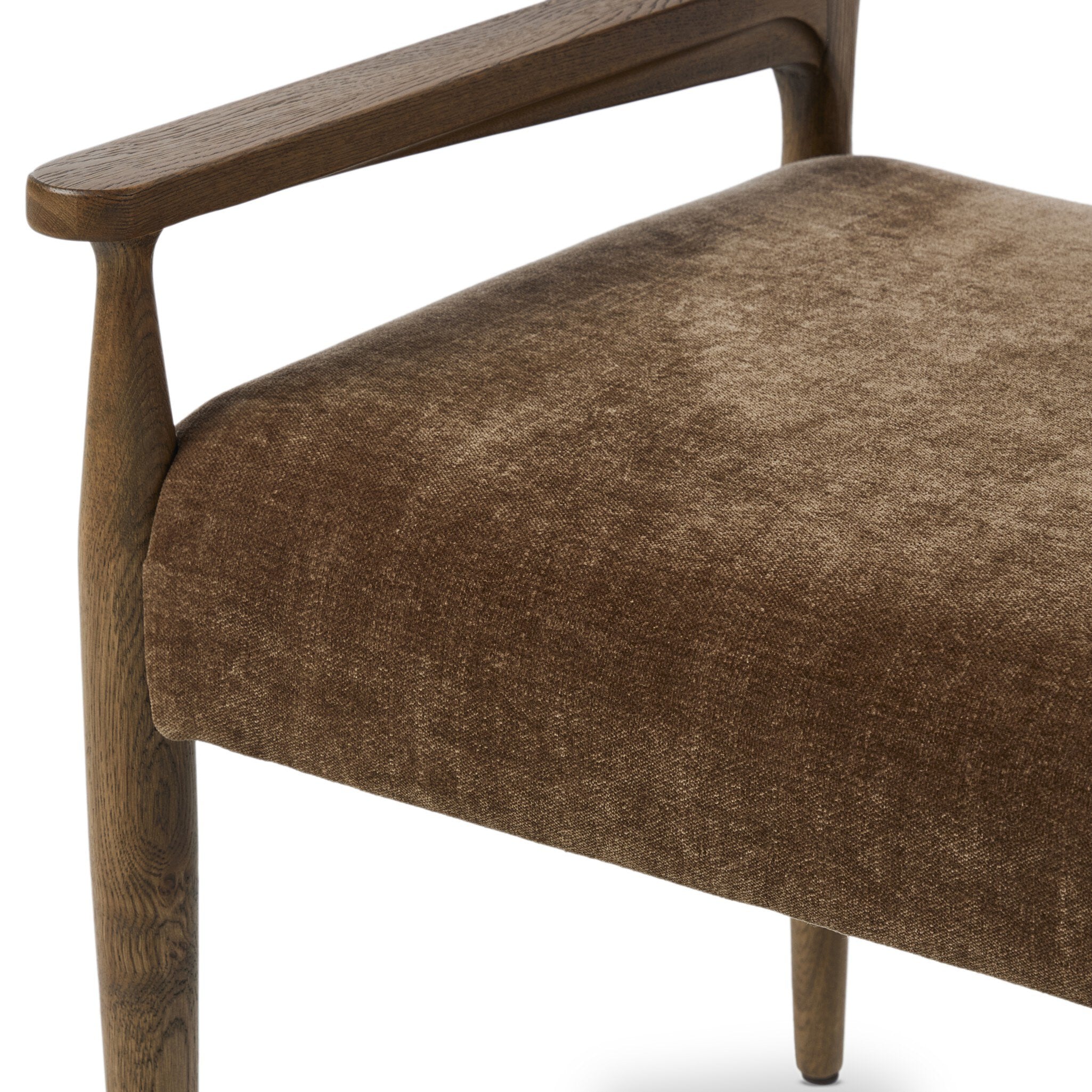 Angle Front view of the Brown Mushroom Fabric Upholstered Mid Century Modern Wooden Oak Armchair Dining Chair