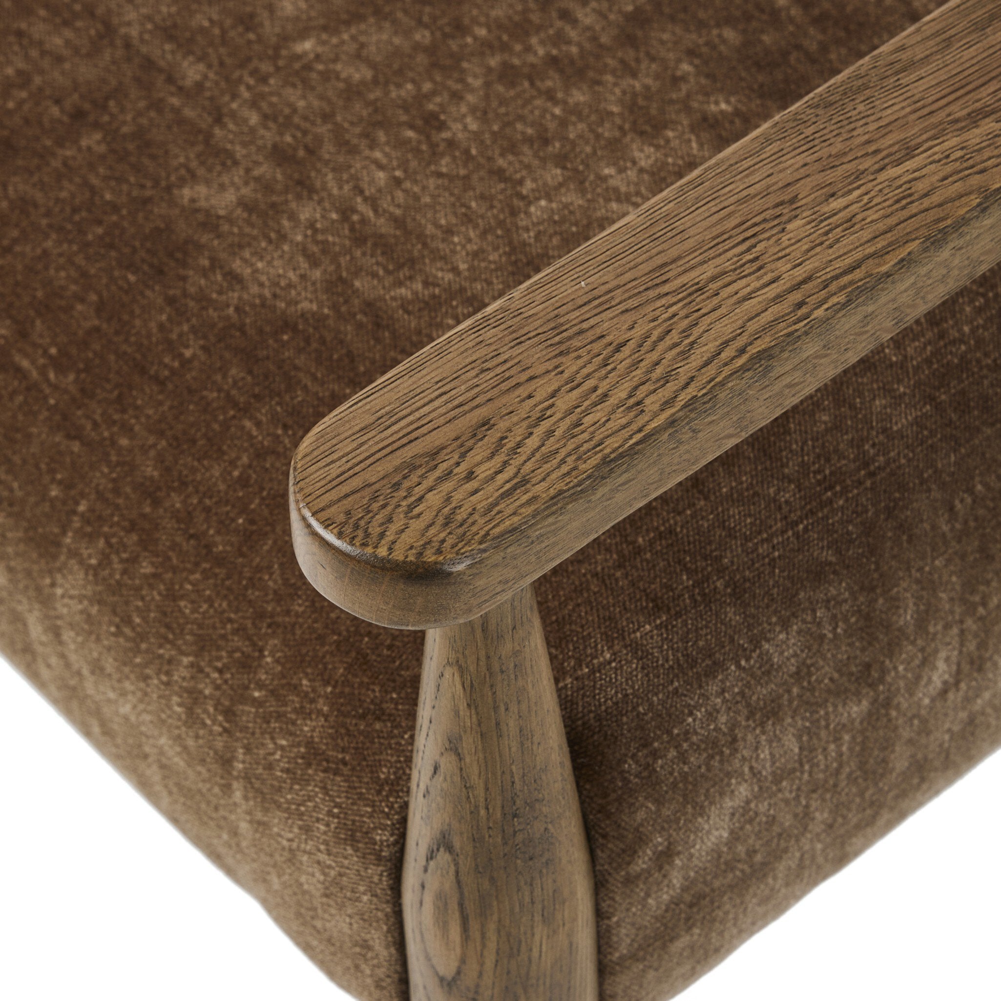 Quality Close Up Angled Front view of the Brown Fabric Mid Century Modern Oak Wooden Armchair Dining Chair Detail Upholstery