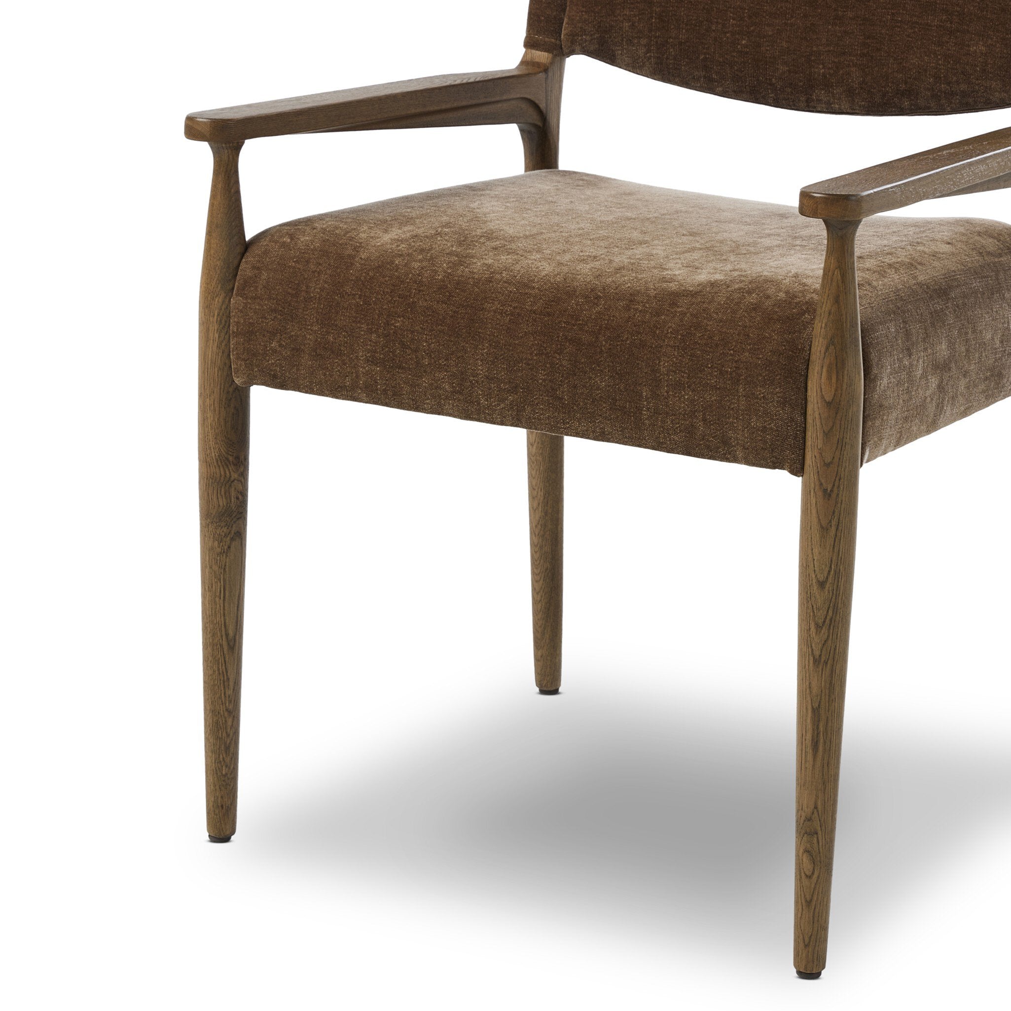 Bottom Angled detail view of the Padded Brown Fabric Mid Century Modern Wooden Oak Armchair Dining Chair 