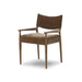 Angled view of the Brown Fabric Mid Century Modern Wooden Oak Armchair Dining Chair on white background