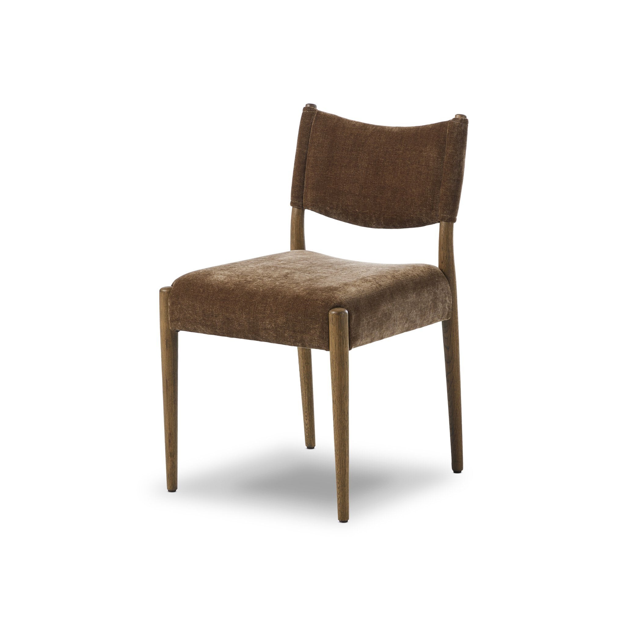Angled view of the Brown Fabric Mid Century Modern Wooden Oak Armless Dining Chair on white background