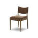 Angled view of the Brown Fabric Mid Century Modern Wooden Oak Armless Dining Chair on white background
