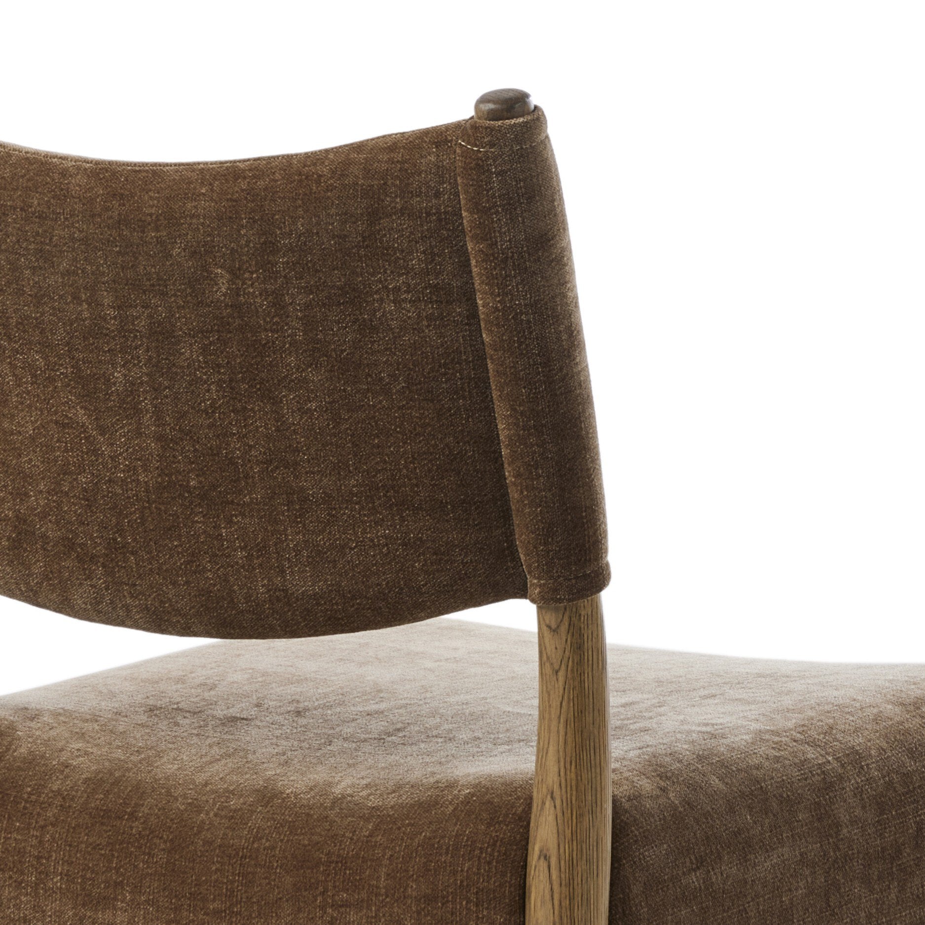 Detailed close image upholstered view of the Brown Fabric Mid Century Modern Wooden Oak Armless Dining Chair