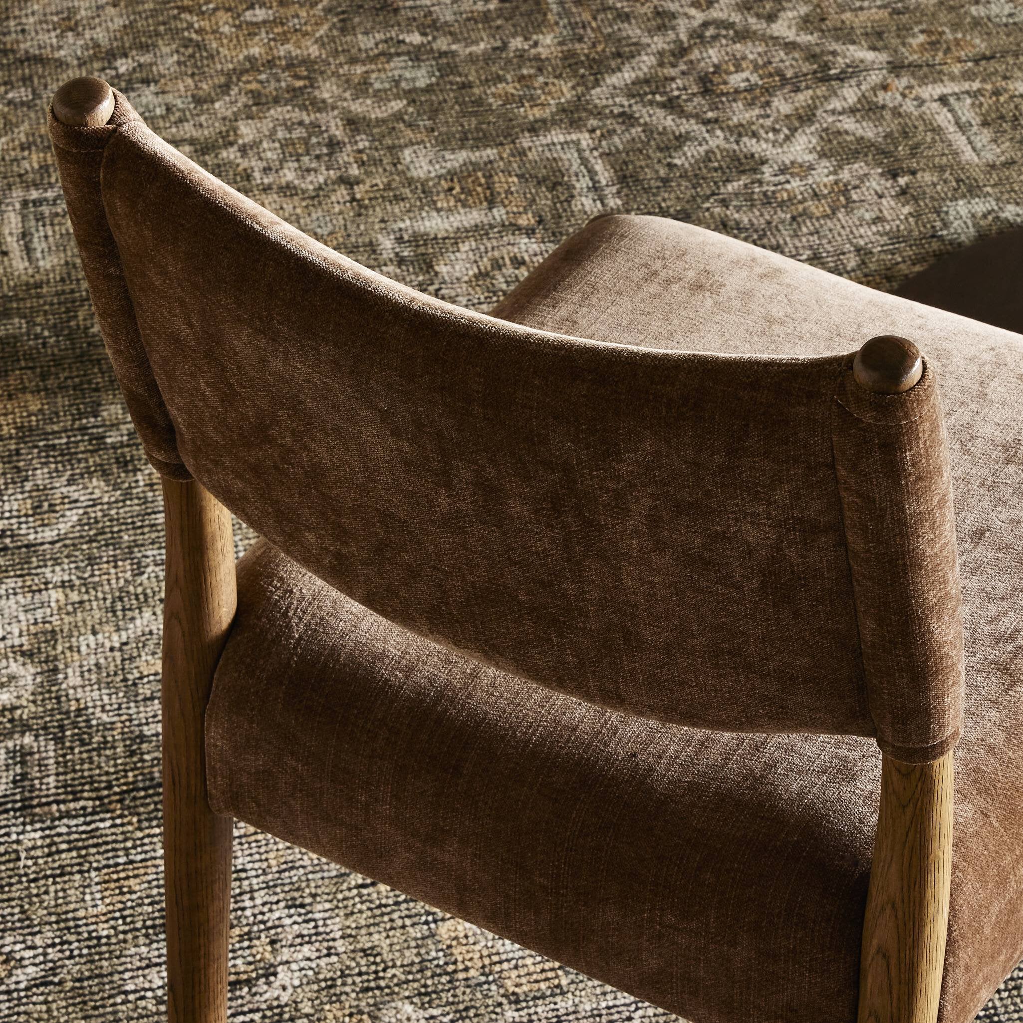 Detailed view of the Padded Upholstered Brown Fabric Mid Century Modern Wooden Oak Armless Dining Chair Angle