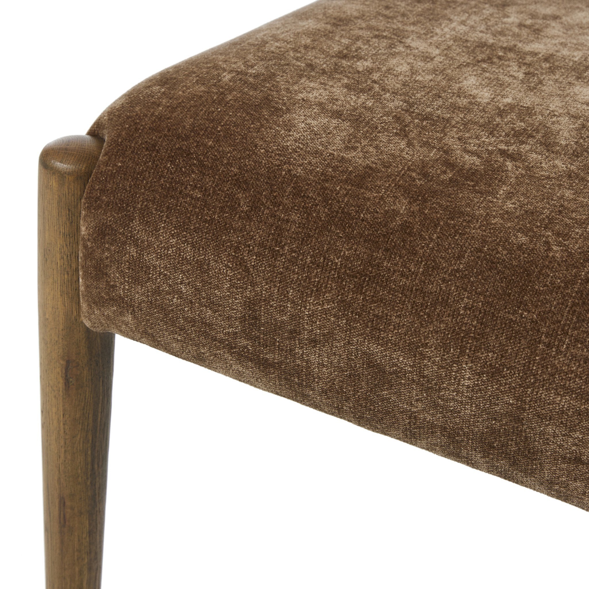 Angle Front view of the Brown Fabric Upholstered Mid Century Modern Wooden Oak Armless Dining Chair