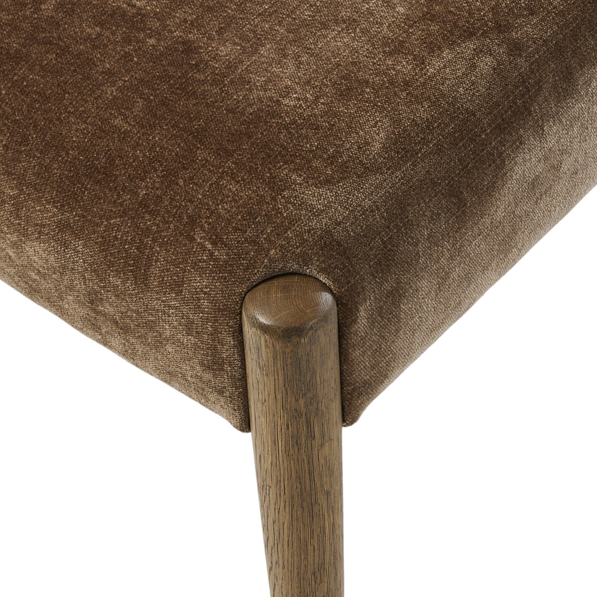 Quality Close Up Angled Front view of the Brown Fabric Mid Century Modern Oak Wooden Armless Dining Chair Detail Upholstery