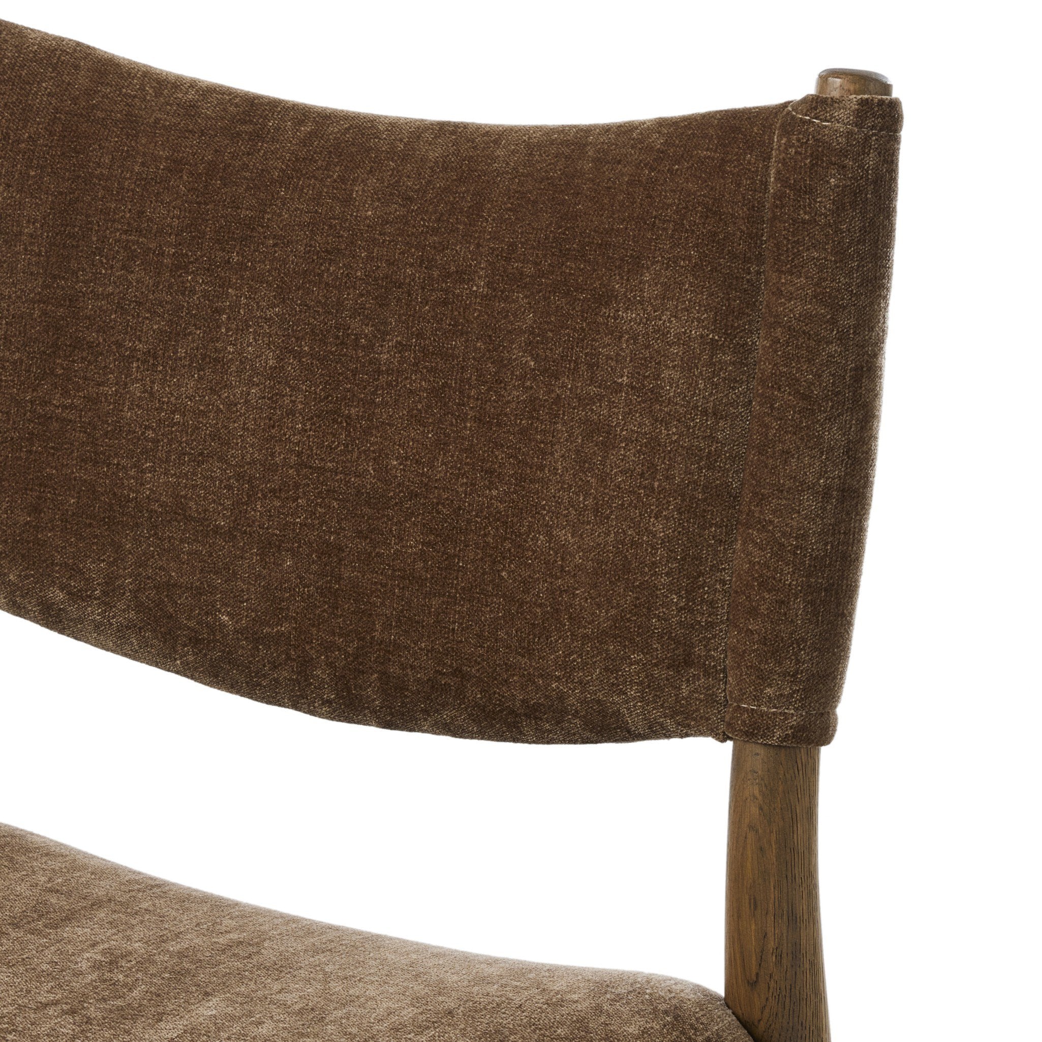 Close-up detail view of the Brown Fabric Mid Century Modern Wooden Oak Armless Dining Chair