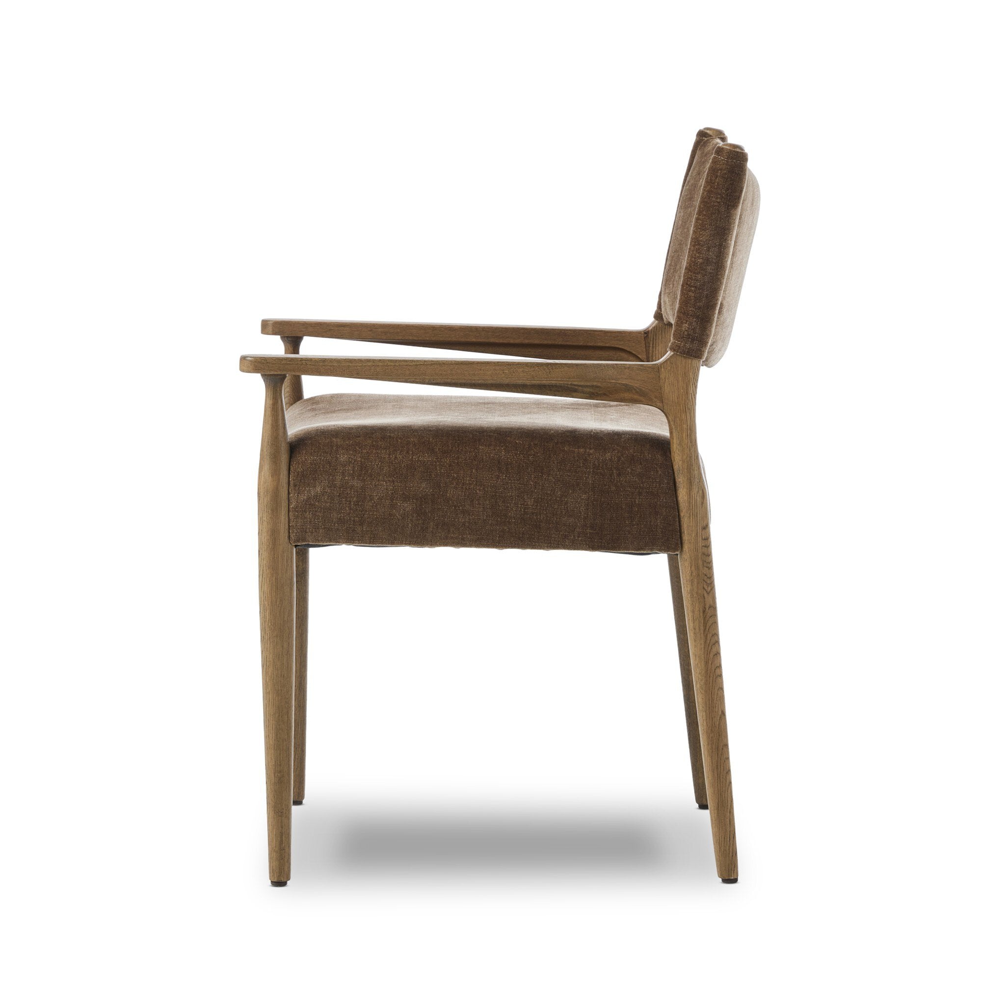 Side view of the Brown Fabric Mid Century Modern Wooden Oak Armchair  Dining Chair