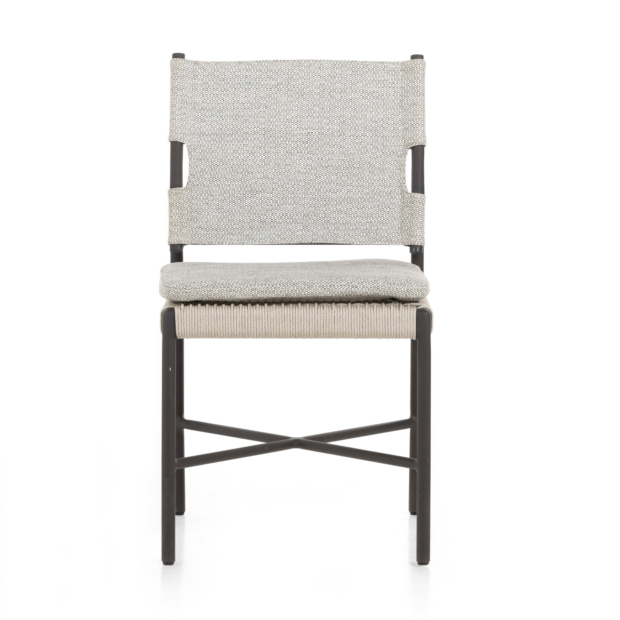 Miller outdoor performance dining chair with a light taupe fabric cushion, wrap detail, and a crossed bronze aluminum frame.