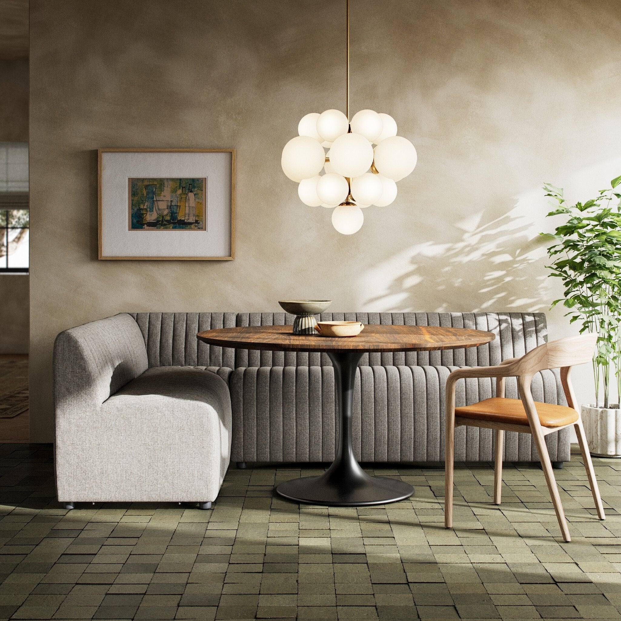 Modern Dining Interior Architectural modular dining banquette with channel-tufted backrest and modular seating design for upscale hospitality interiors