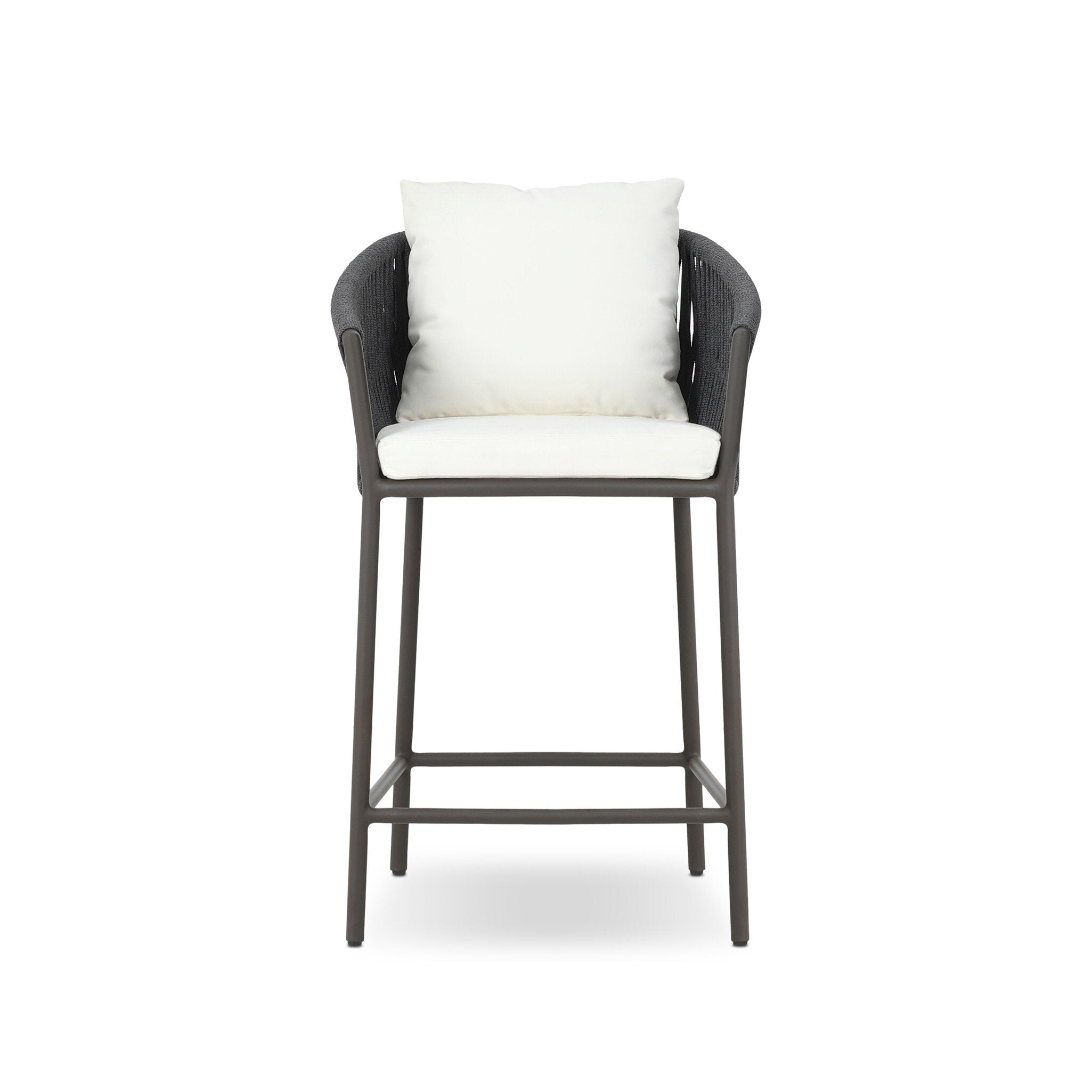 Modern Porto Outdoor Counter Stool with Charcoal Aluminum Frame and Dark Grey Woven Rope Barrel Back.