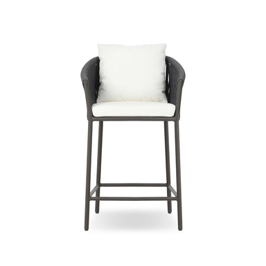 Modern Porto Outdoor Counter Stool with Charcoal Aluminum Frame and Dark Grey Woven Rope Barrel Back.