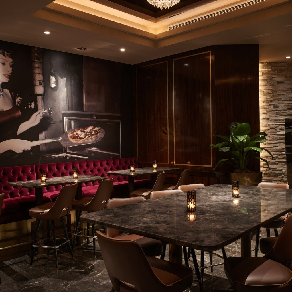 Modern Restaurant Interior Porcini Brown Celine modern bar stool featuring a sculptural cutout back and a softly cushioned upholstered seat with a minimalist wood frame