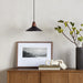 Modern interior with wooden sideboard, framed picture, decorative vase, and Cullen pendant light with a black leather shade and natural walnut finial 