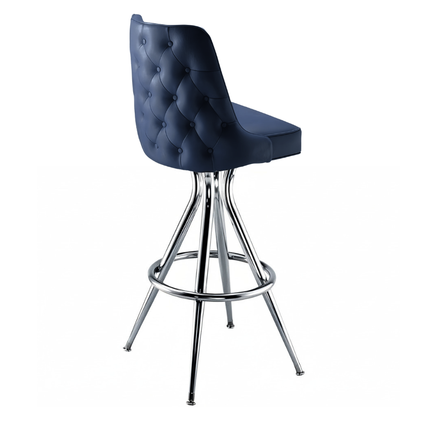 Navy Blue Adler Bar Stool with a curved upholstered backrest and seat, featuring a sleek four-leg chrome frame and footrest