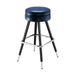 Navy upholstered bar stool with black legs and chrome footrest
