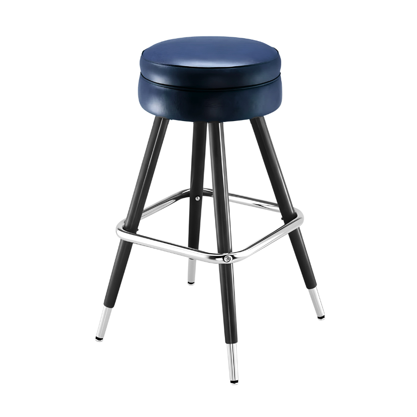 Navy upholstered bar stool with black legs and chrome footrest