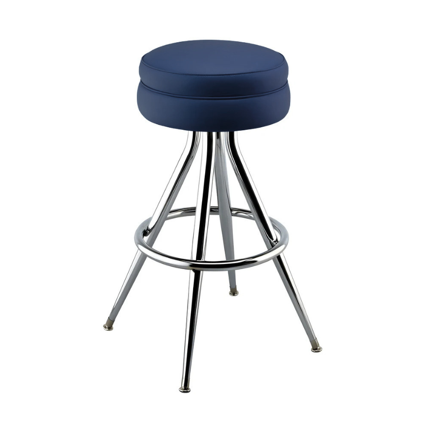 Navy Blue Briar Bar Stool with upholstered seat, featuring polished chrome frame with a built-in footrest