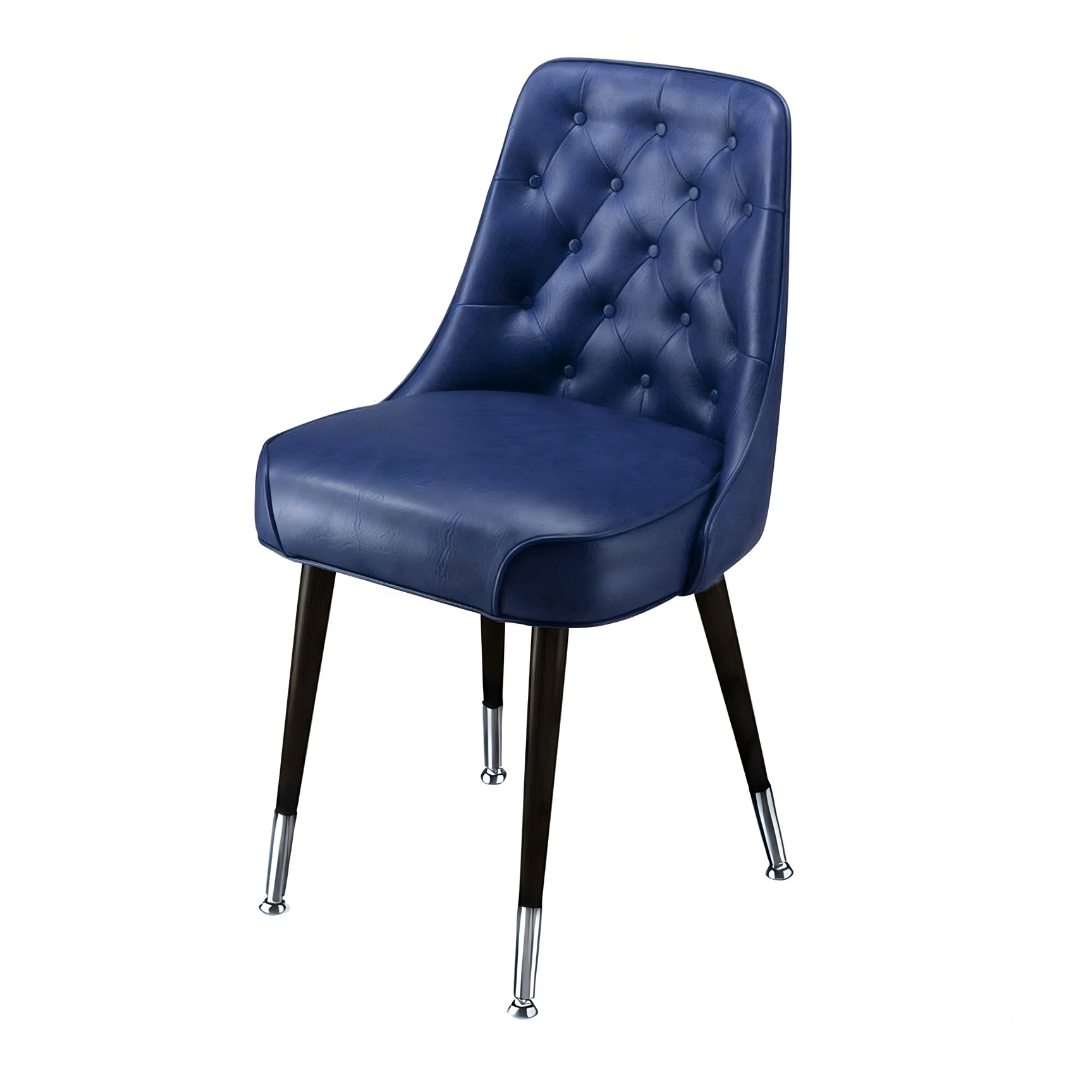 Navy Blue Brighton Club Chair bucket seat in black vinyl with polished chrome leg detailing for modern dining