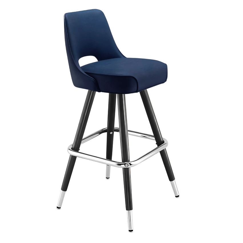 Navy Blue Celine modern bar stool featuring a sculptural cutout back and a softly cushioned upholstered seat with a minimalist black metal frame