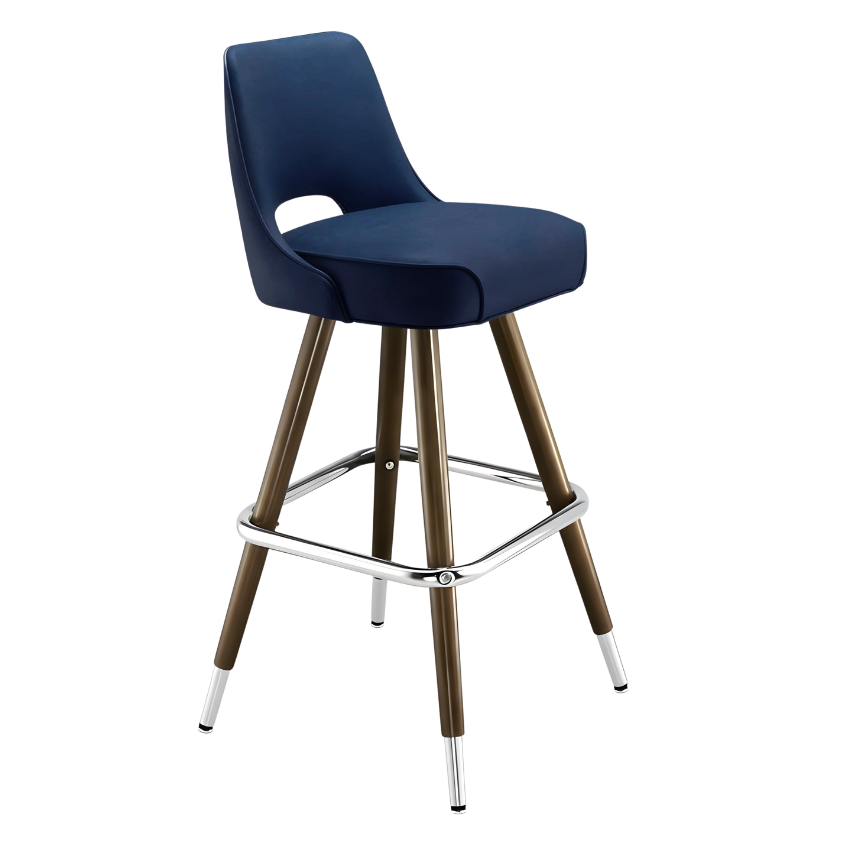 Navy Blue Celine modern bar stool featuring a sculptural cutout back and a softly cushioned upholstered seat with a minimalist wood metal frame