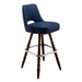 Navy Blue Celine modern bar stool featuring a sculptural cutout back and a softly cushioned upholstered seat with a minimalist wooden frame