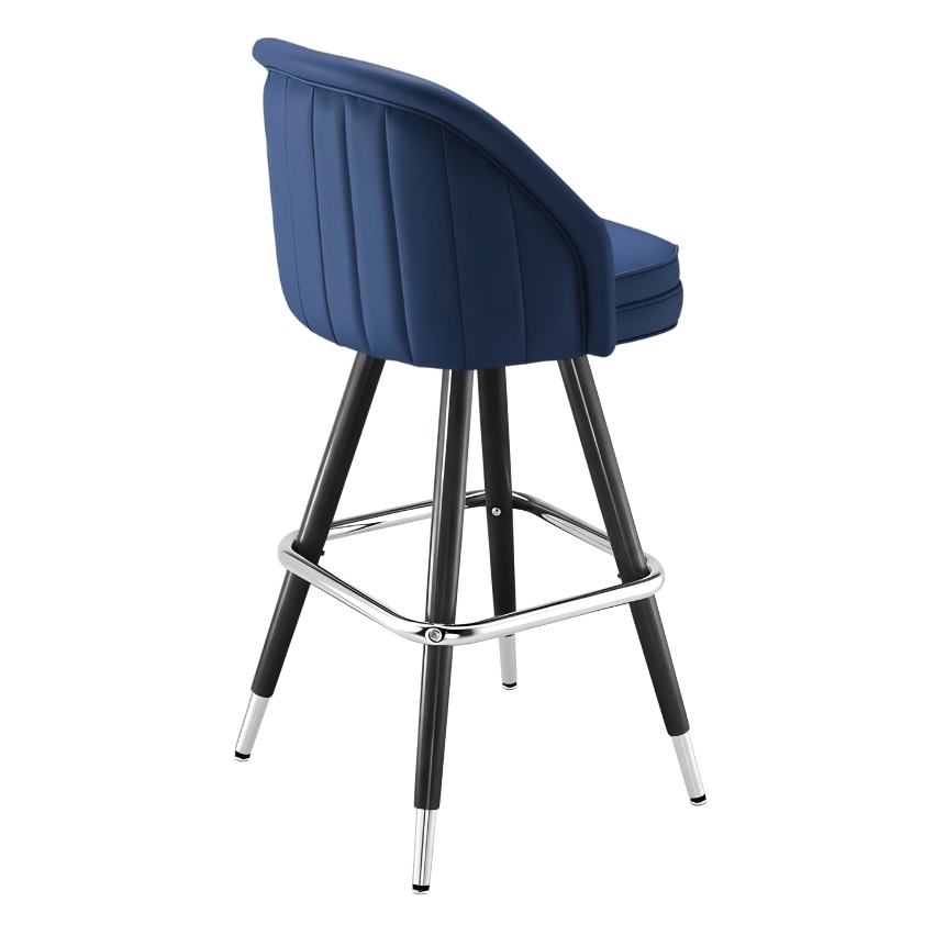 Navy Blue Channeled King bar stool featuring pronounced vertical channeling and a deeply padded upholstered seat with a sturdy black metal frame
