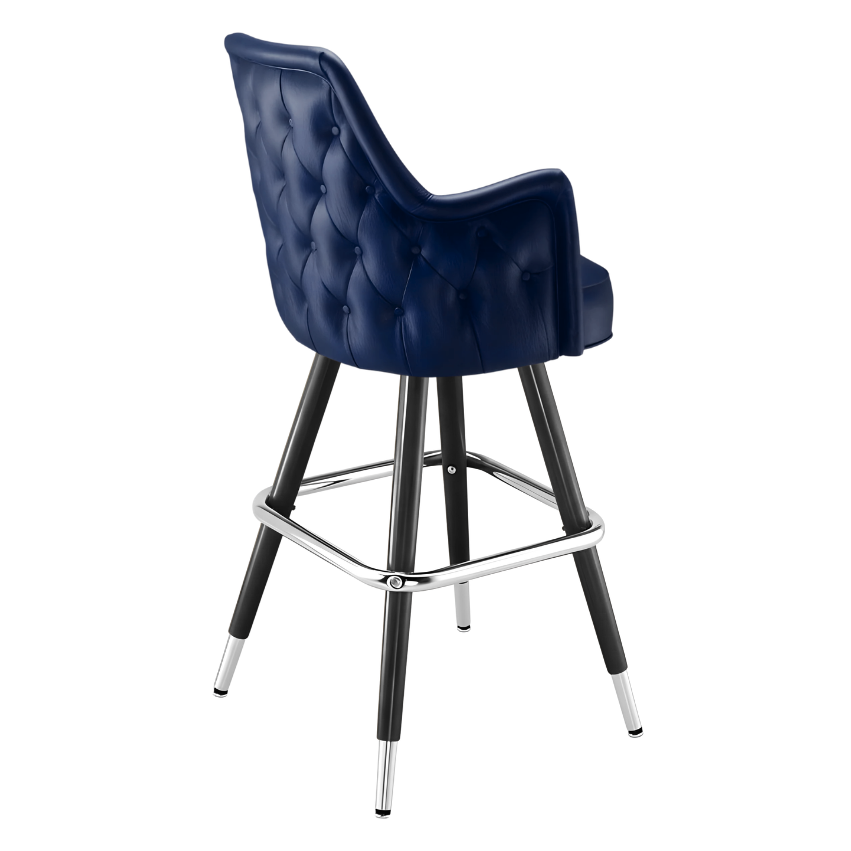 Navy Blue Chester high back bar stool featuring deep button tufting and a tall upholstered backrest with a slim black metal frame