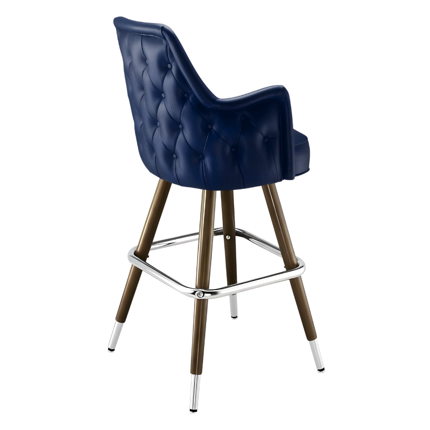 Navy Blue Chester high back bar stool featuring deep button tufting and a tall upholstered backrest with a slim wood metal frame