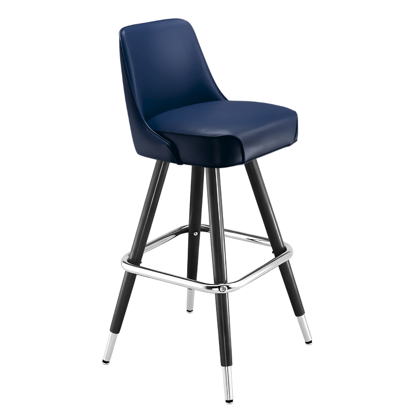 Navy bar stool with padded seat, black metal legs, and chrome footrest