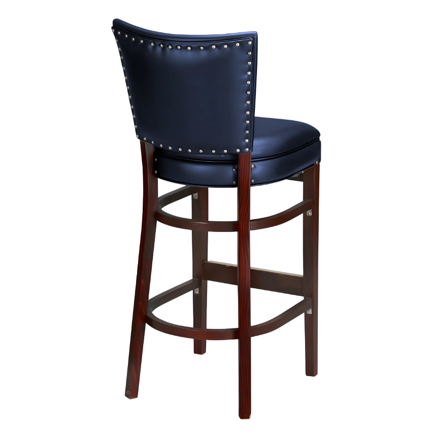 Navy Blue Compact modern bar stool featuring a tailored padded seat and a slim architectural wood frame with contract-grade durability