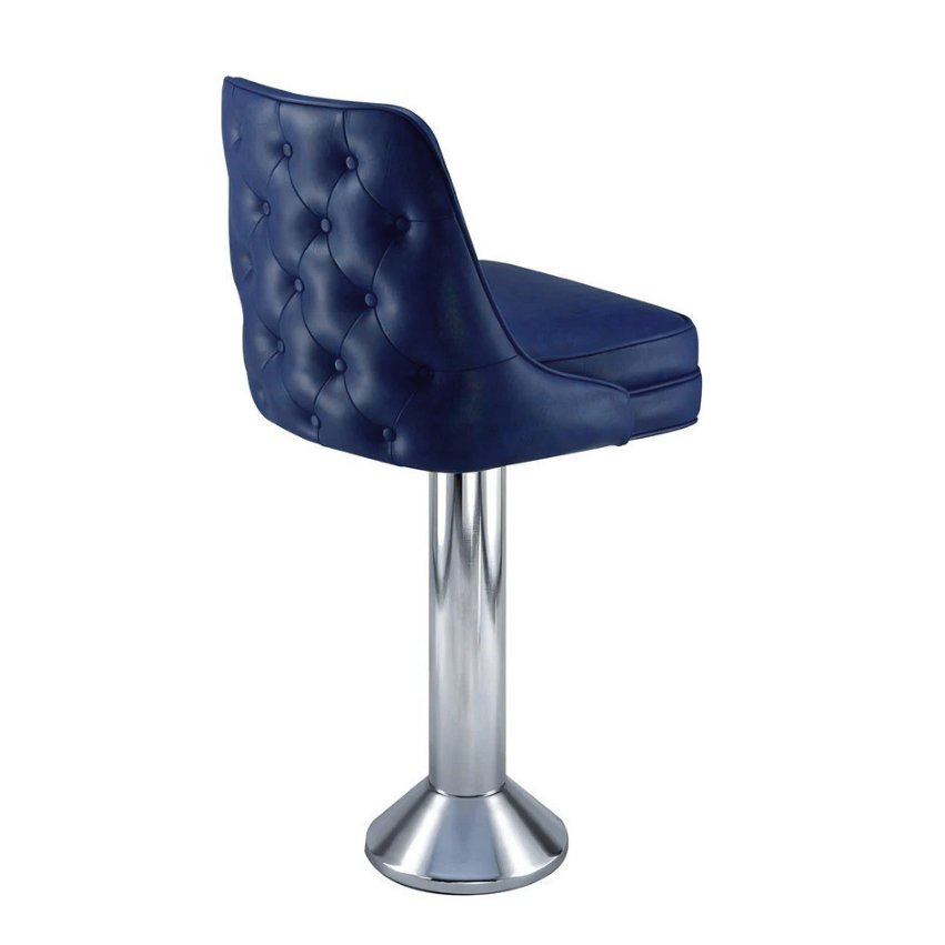 Navy Blue Coventry Bolted Floor-Mounted Bar Counter Stool with tufted vinyl detail and polished chrome pedestal base
