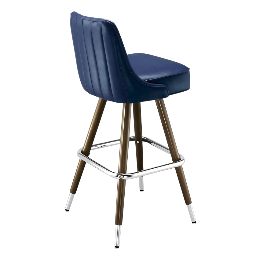 Navy Blue Delano channel bar stool featuring vertical channel stitching and a clean-lined upholstered seat with a sturdy wood metal frame