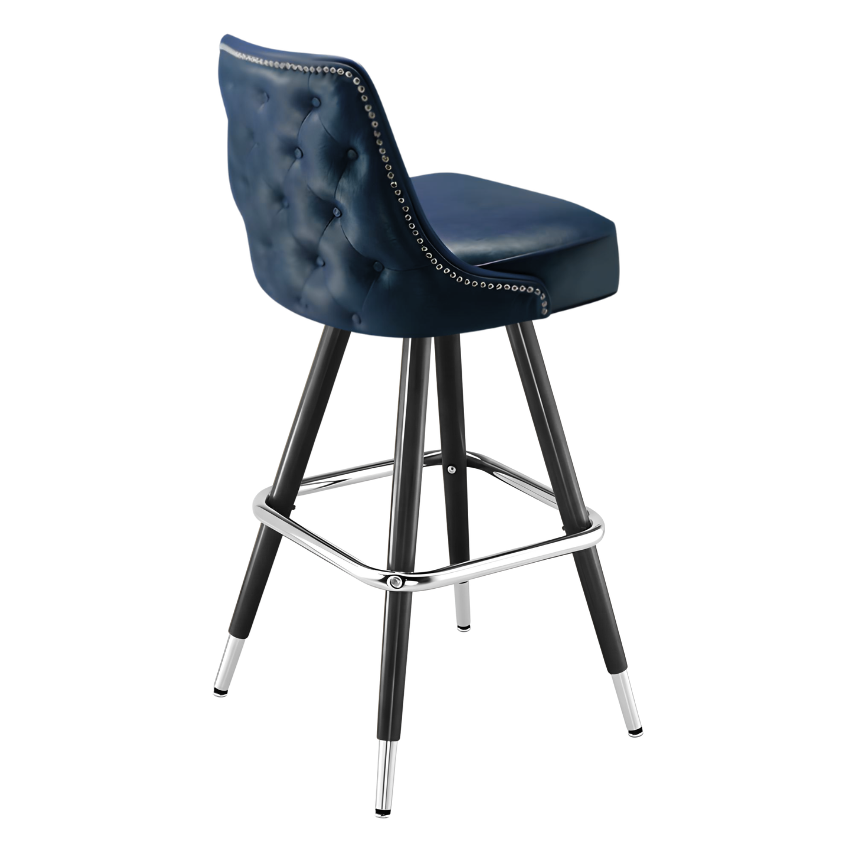 Navy Blue Hamilton nailhead bar stool featuring button tufting and a 90-degree auto-return black metal swivel base with metallic nailhead trim