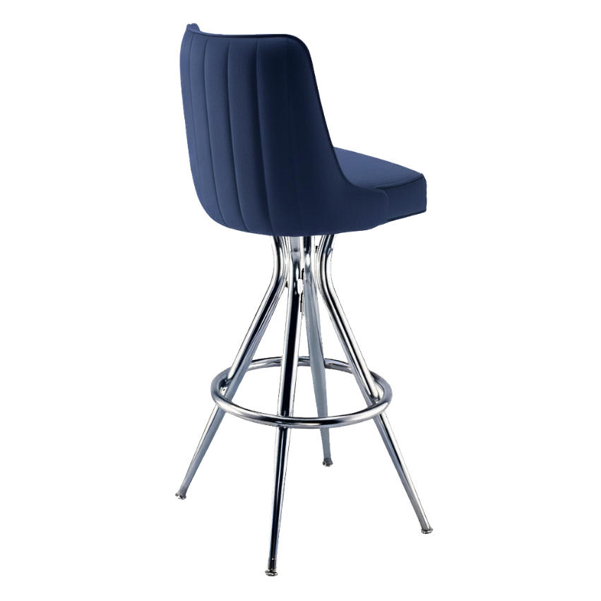 Navy Blue Harper Bar Stool with a sleek upholstered backrest and seat, featuring a polished chrome four-leg frame and built-in footrest