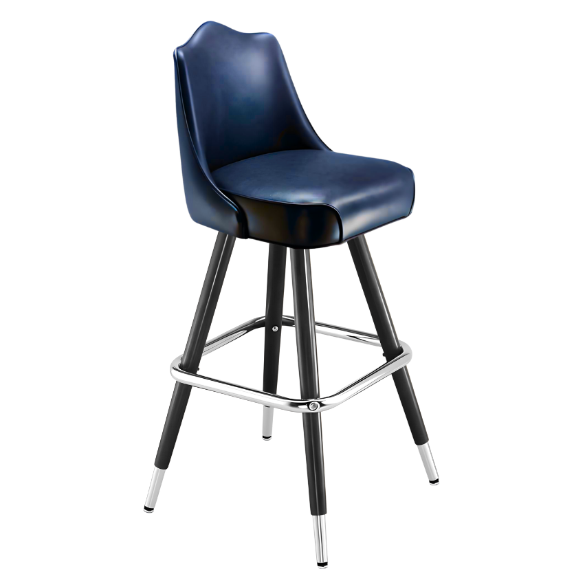 Navy Blue Kensington Crown bar stool featuring a softly arched backrest and a cushioned upholstered seat with a steady black metal frame