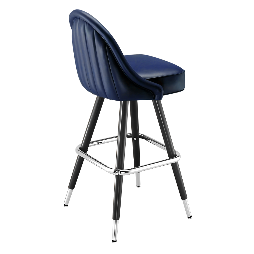 Navy Blue Marque Signature bar stool featuring a sweeping curved backrest and a refined upholstered seat with a sturdy black metal frame