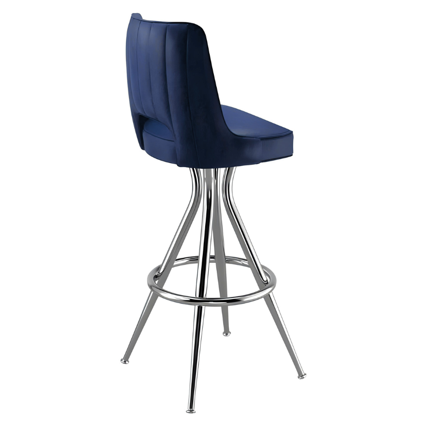 Navy Blue Modern Rowan bar stool featuring a softly cushioned swivel seat and a grounded metal frame with clean architectural lines for hospitality use