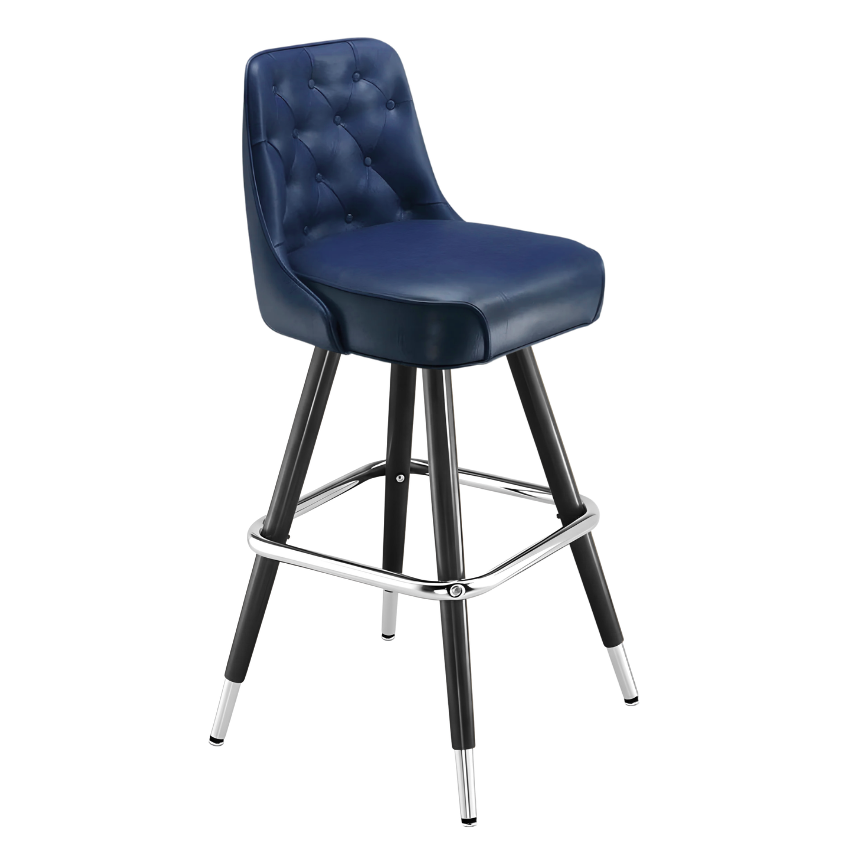 Navy Blue Monroe Tufted bar stool featuring classic button tufting and a 90-degree auto-return black metal swivel base with performance upholstery