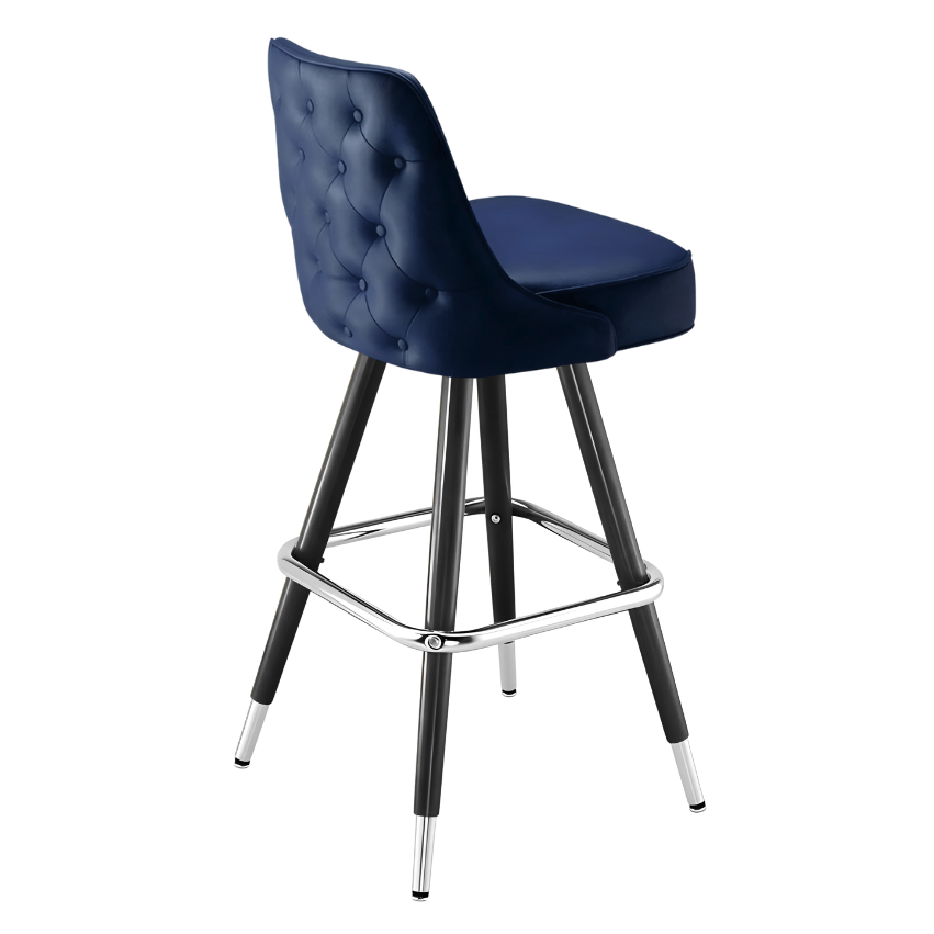 Navy Blue Montgomery outer tufted bar stool featuring deep button tufting on the backrest and a plush upholstered seat with a sturdy black metal frame