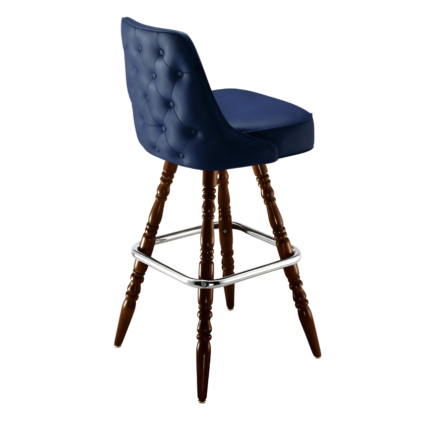 Navy Blue Montgomery outer tufted bar stool featuring deep button tufting on the backrest and a plush upholstered seat with a sturdy wood frame