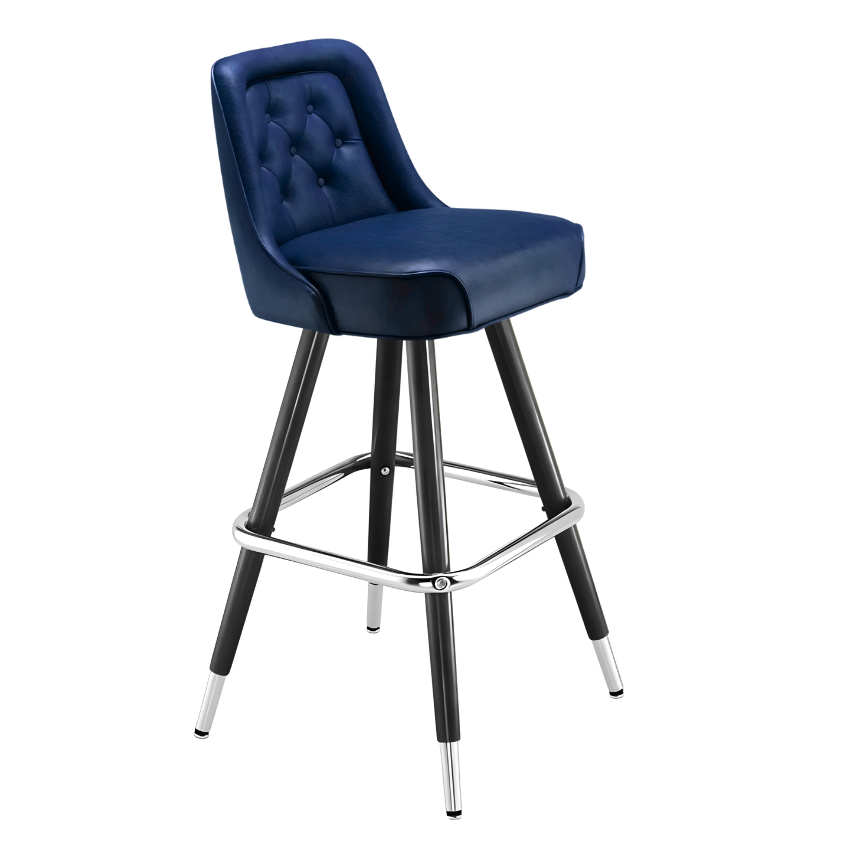 Navy Blue Royale Diamond bar stool featuring an inner-back diamond tufted design and a softly curved upholstered seat with a sturdy black metal frame