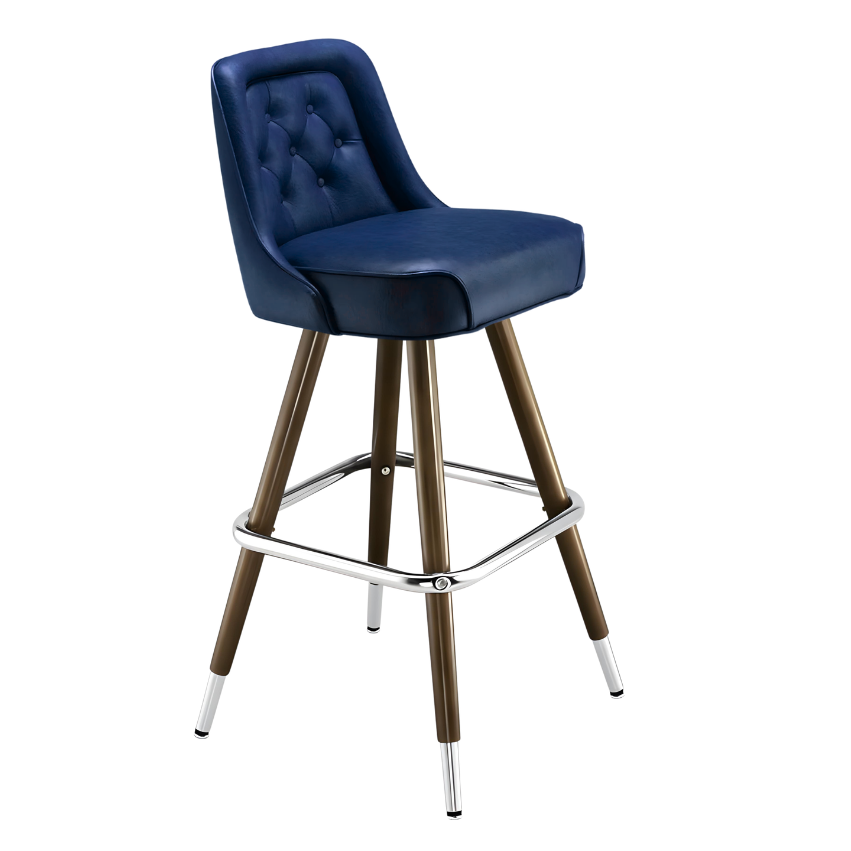 Navy Blue Royale Diamond bar stool featuring an inner-back diamond tufted design and a softly curved upholstered seat with a sturdy wood metal frame