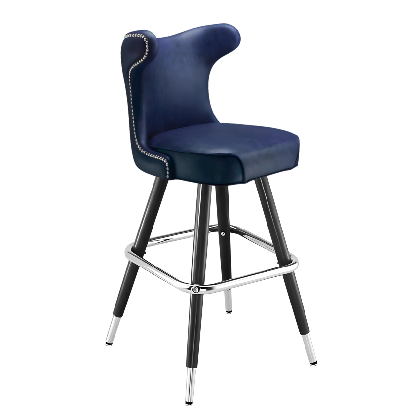 Navy Blue Silverado cowboy bar stool featuring a softly cushioned upholstered seat and a polished black metal frame with Western-inspired lines